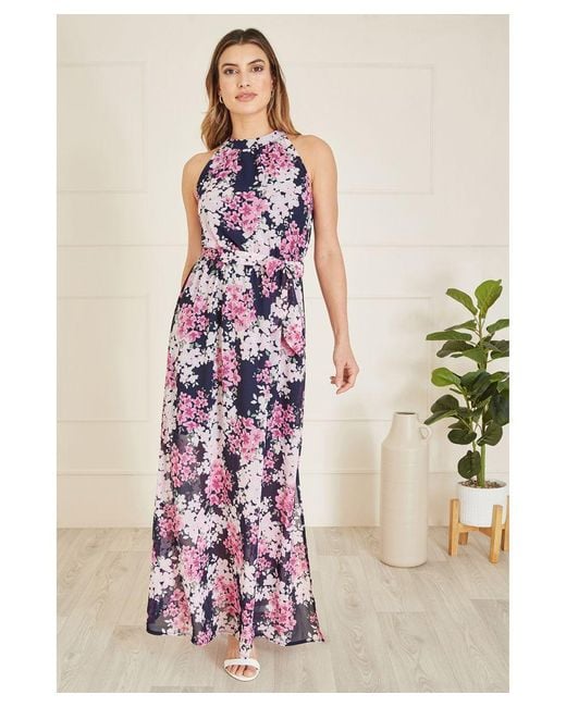 Mela London Pink Blossom Halter Neck Maxi Dress With Side Split