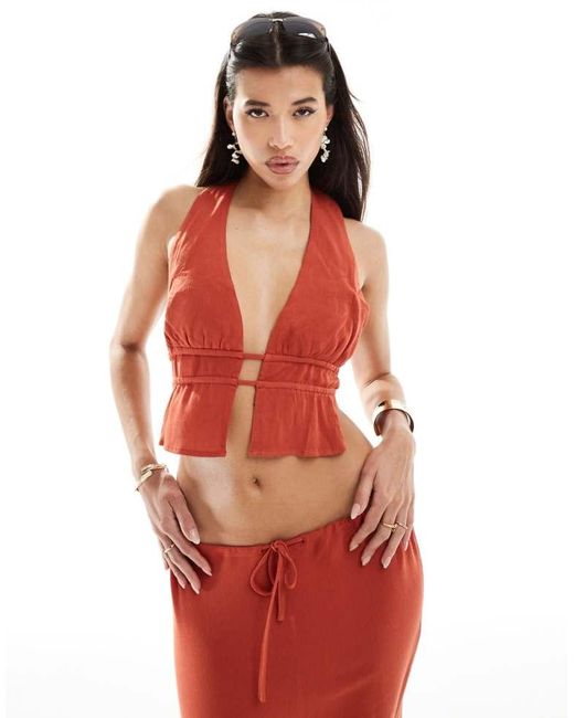 Kaiia Red Exclusive Sleeveless Plunge Tie Back Top Co-Ord
