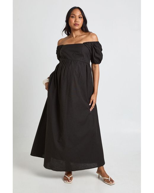 Boohoo Black Maternity Linen Puff Sleeve Shirred Maxi Dress