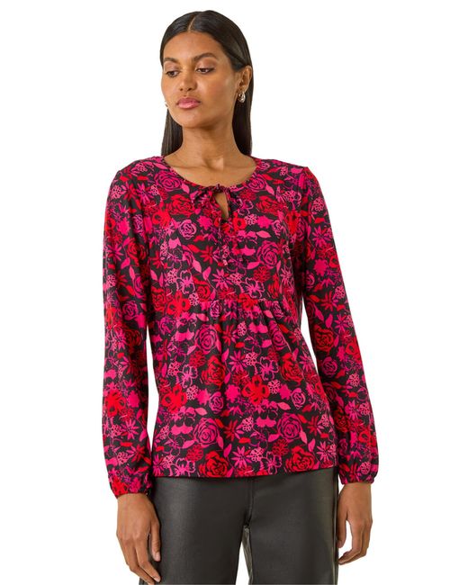 Roman Red Floral Tie Neck Top