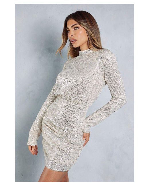 MissPap Gray Sequin Ruched Open Back Long Sleeve Bodycon Mini Dress