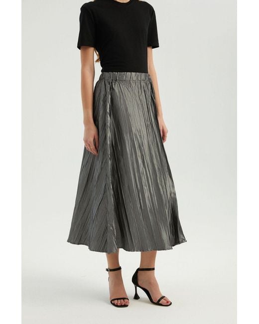 Hiccup Metallic High Waist Elastic Pleated Maxi Skirt