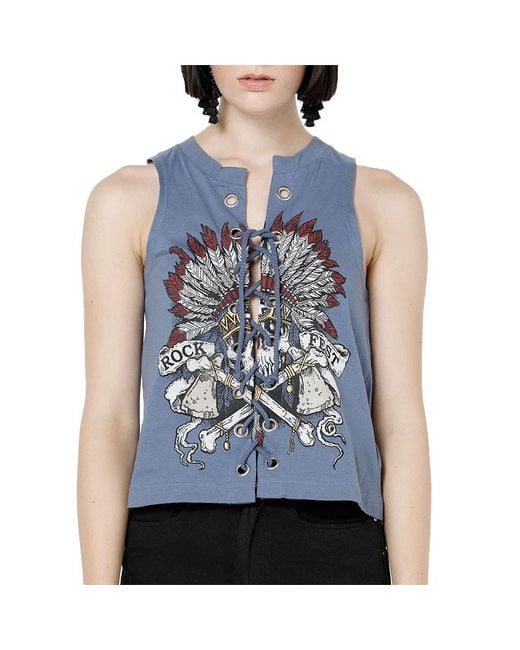 Brave Soul Blue Chief Sleeveless Tops Casual Cotton Blouse Lace Up T Shirt New