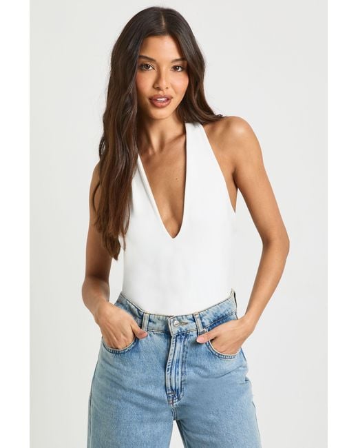 Boohoo Blue Double Layer Slinky Scarf Detail Halterneck Bodysuit
