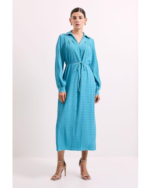 PRINCIPLES Blue Crinkle Column Shirt Mid Dress