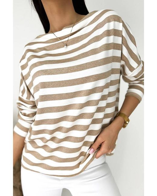 Azura Exchange Natural Striped Boat Neck Long Sleeve Top Cotton
