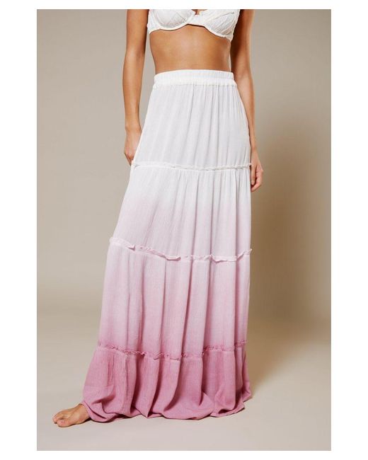 Warehouse Pink Crinkle Viscose Ombre Tiered Maxi Skirt