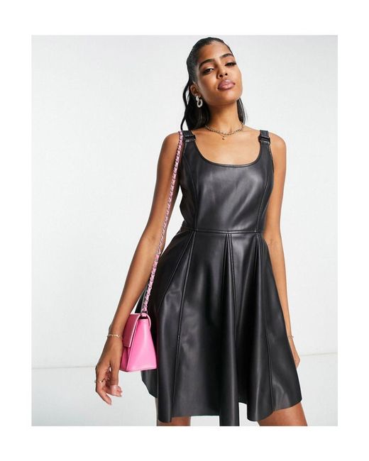 Miss Selfridge Black Faux Leather Buckle Detail Fit And Flare Dress