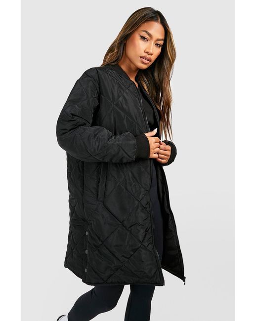 Boohoo Black Longline Quilted Bomber Jacket