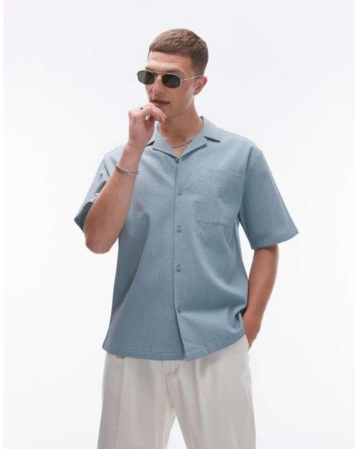 Topman Blue Short Sleeve Relaxed Seersucker Shirt for men