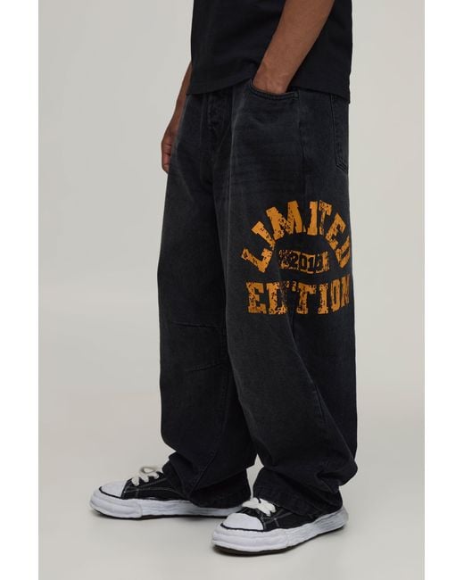 BoohooMAN Black Balloon Rigid Varsity Print Denim Jeans for men