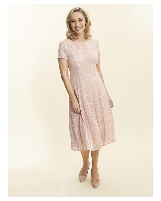 Gina Bacconi Pink Maribel Cap Sleeve Midi Length Sequin Lace Dress