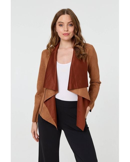 Izabel London Brown Waterfall Front Cropped Open Jacket