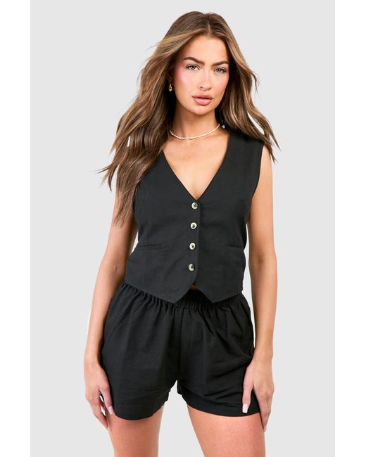 Boohoo Black Linen Look Waistcoat & Relaxed Fit Shorts