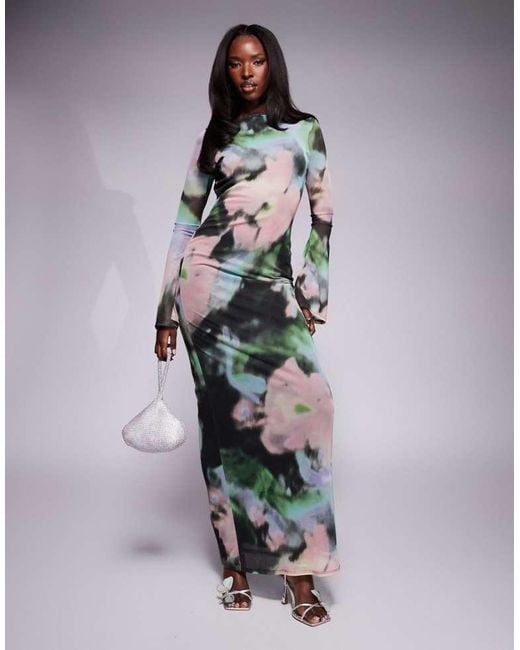 ASOS Multicolor Low Back Floral Mesh Maxi Dress With Angel Sleeves
