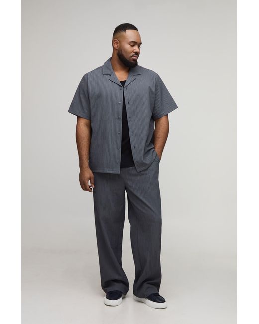 BoohooMAN Blue Plus Textured Regular Revere Shirt & Relaxed Trouser Set for men