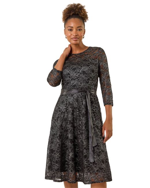 Roman Black Metallic Lace Frill Sleeve Dress