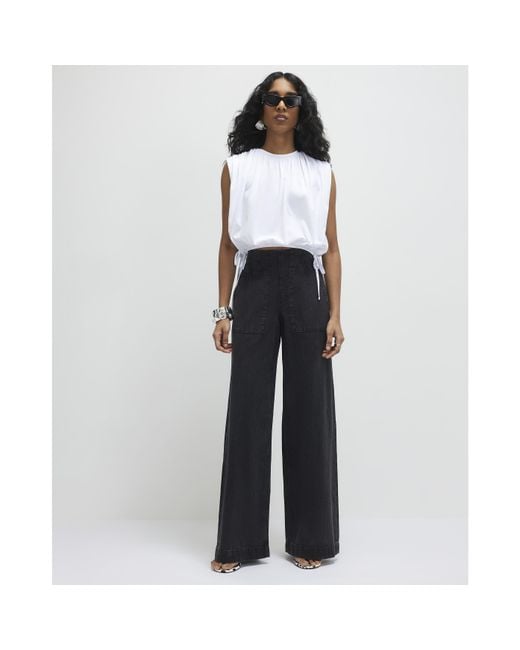 River Island Black Wide Leg Jeans Pull On Elasticated Cotton