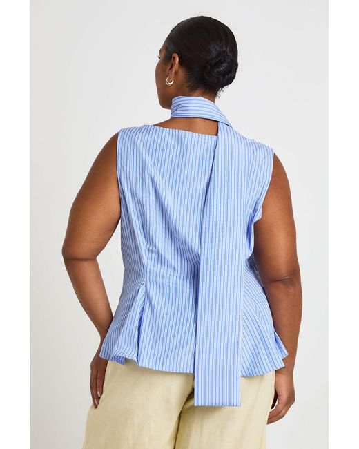 Boohoo Blue Plus Stripe Strappy Peplum Top With Detachable Scarf