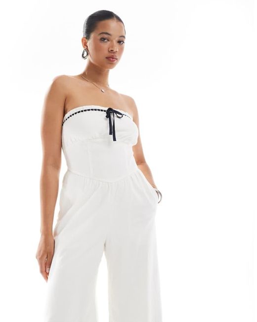 Hollister White Strapless Linen Jumpsuit With Contrast Trims
