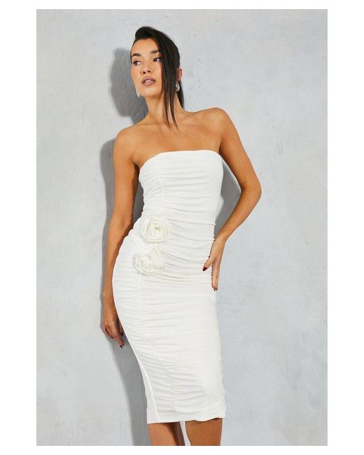 MissPap White Ruched Bandeau Corsage Midi Dress