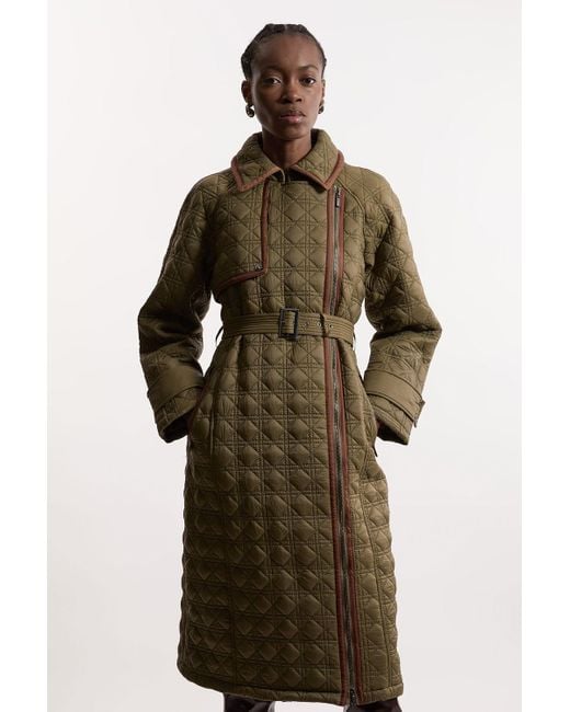 Karen Millen Green Quilted Belted Longline Trench Coat