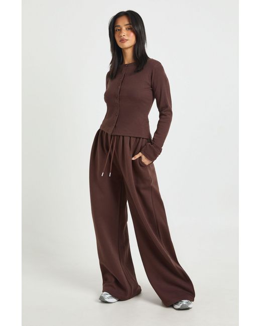 Boohoo Brown Petite Rib Button Through Long Sleeve Top Tracksuit