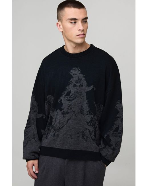 BoohooMAN Blue Oversized Renaissance Jacquard Knitted Jumper for men