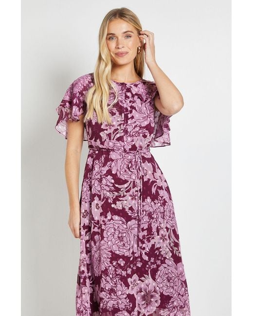 Wallis Red Petite Floral Burn Out Cape Midi Dress
