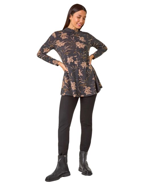 Roman Gray Floral Print High Neck Tunic Top