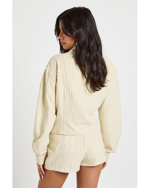 Boohoo Natural Funnel Neck Balloon Sleeve Zip Through Stripe Top