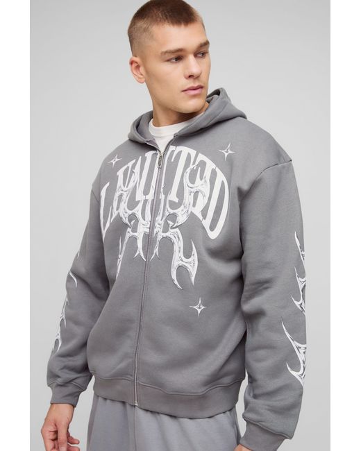 BoohooMAN Gray Oversized Zip Through Limited Graphic Hoodie for men