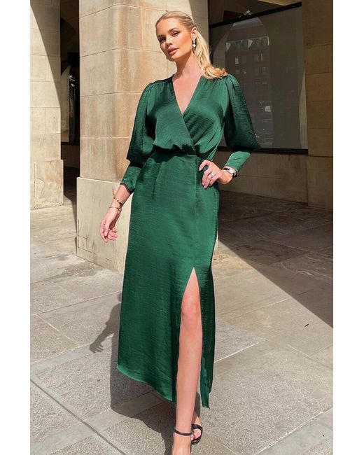 AX Paris Green Satin Wrap Top Long Sleeve Midi Dress