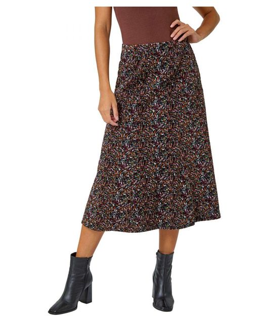 Roman Brown Textured Abstract Print A-Line Stretch Skirt