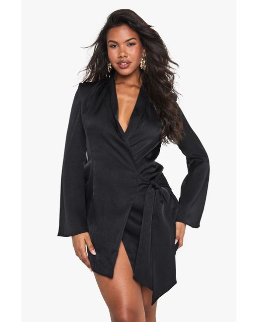 Boohoo Blue Crinkle Wrap Blazer Dress