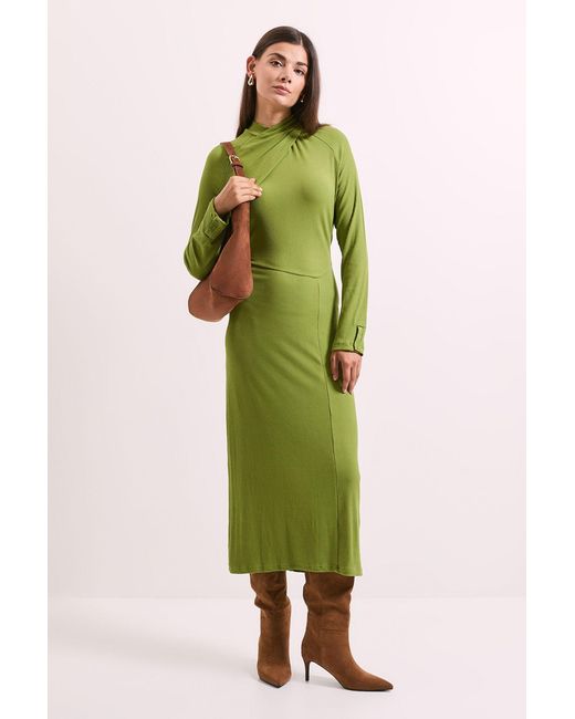PRINCIPLES Green Twist Detail Ribbed Jersey Midi Dress Viscose