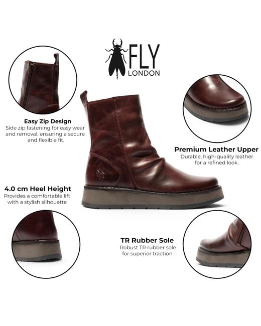 Fly London Brown Leather Zip Up Platform Ankle Boots