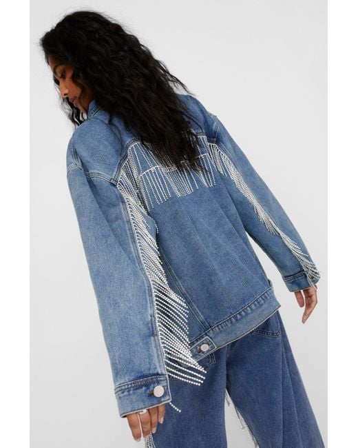 Nasty Gal Blue Diamante Fringe Trim Denim Jacket