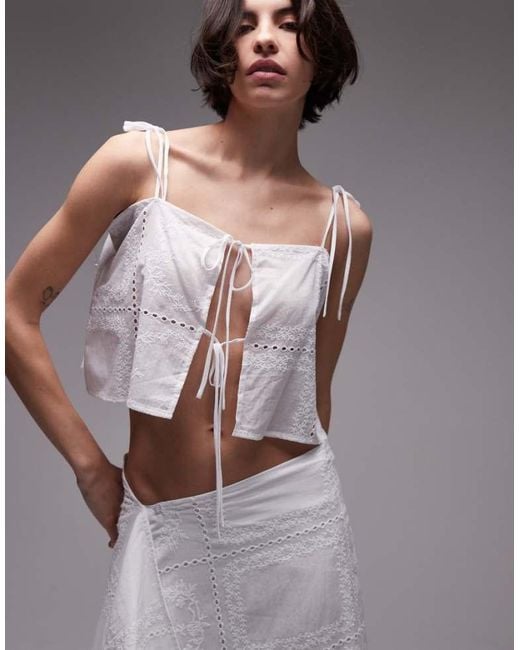 SNDY'S White Cotton Embroidered Square Neck Cami Tie Front Floaty Top Co-Ord