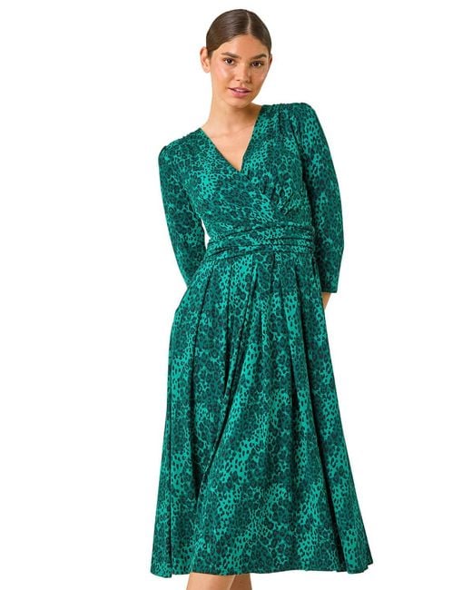 Roman Green Animal Print Mock Wrap Midi Dress