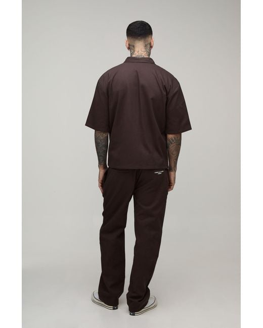 BoohooMAN Black Tall Oversized Pocket Embroidered Twill Zip Up Shirt & Relaxed Trouser Set for men