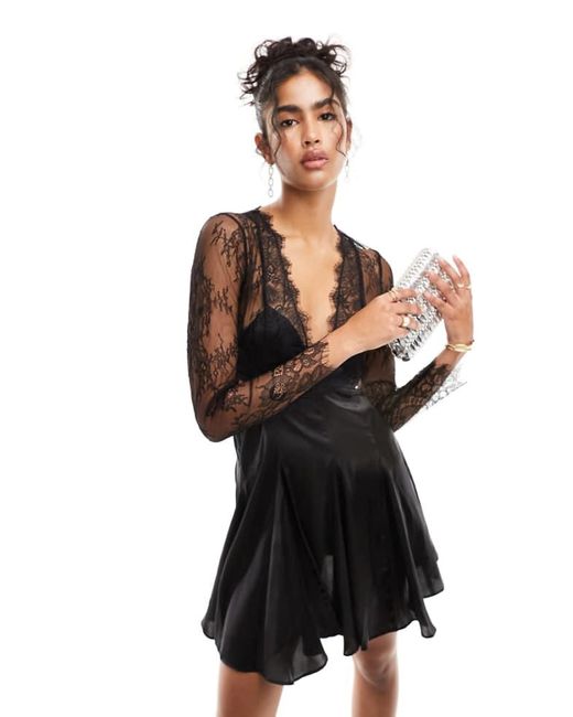 black satin cut out mini dress Black Satin Cut Out Tie Front Mini Dress