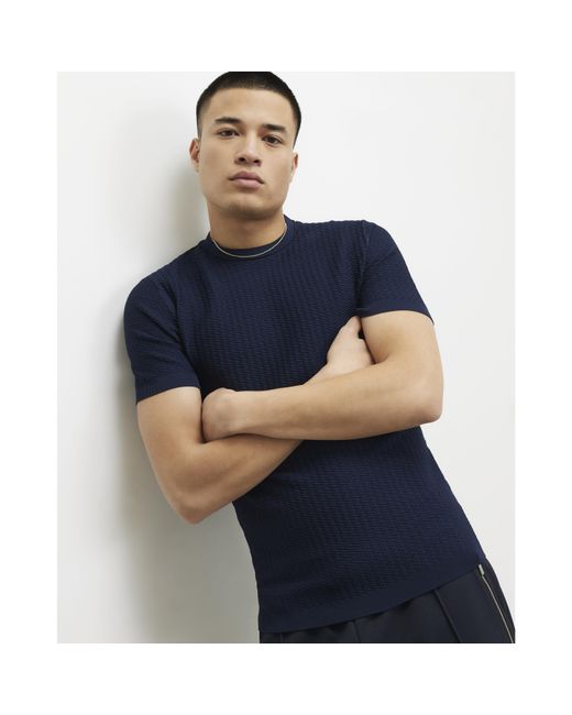 River Island Blue T-Shirt Muscle Fit Zig Zag Textured for men