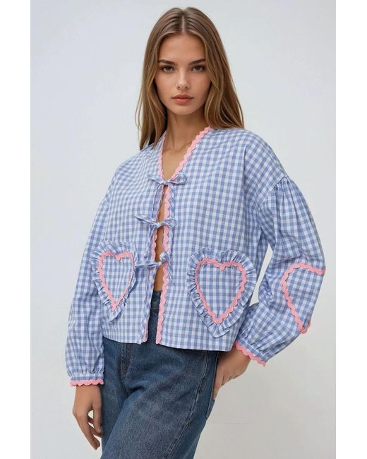 Hiccup Blue Long Sleeve Plaid Shirt Collar Top With Heart Detail