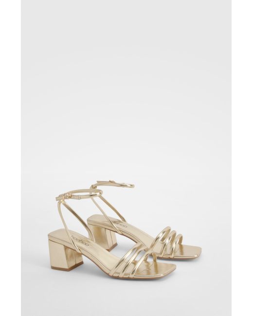 Boohoo Natural Square Toe Triple Strap Low Block Heel Sandals