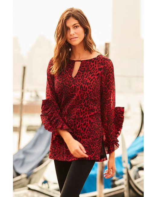 Sosandar Red Leopard Print Ruffle Cuff Top