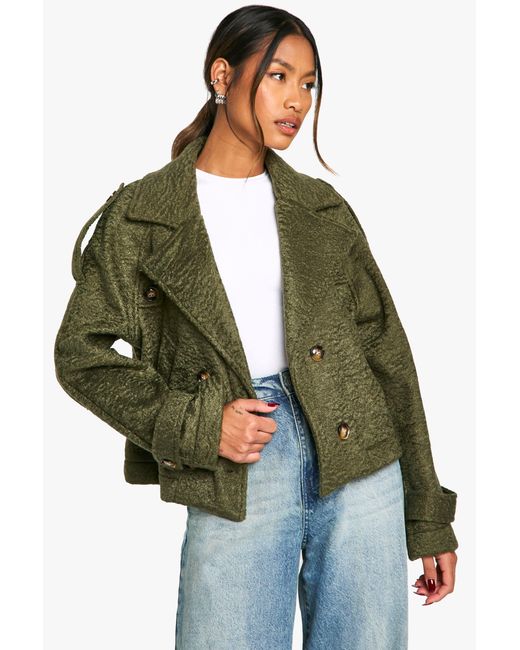 Boohoo Green Textured Wool Look Double Breast Jacket