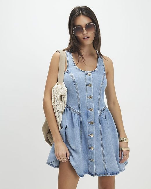 River Island Blue Mini Dress Denim Button Front Sleeveless Cotton