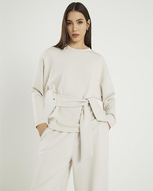 River Island Natural Top Premium Long Sleeve Tie Front Viscose
