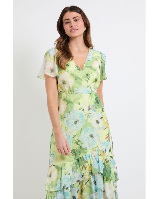 Wallis Green Floral Ruffle Hem Midi Dress